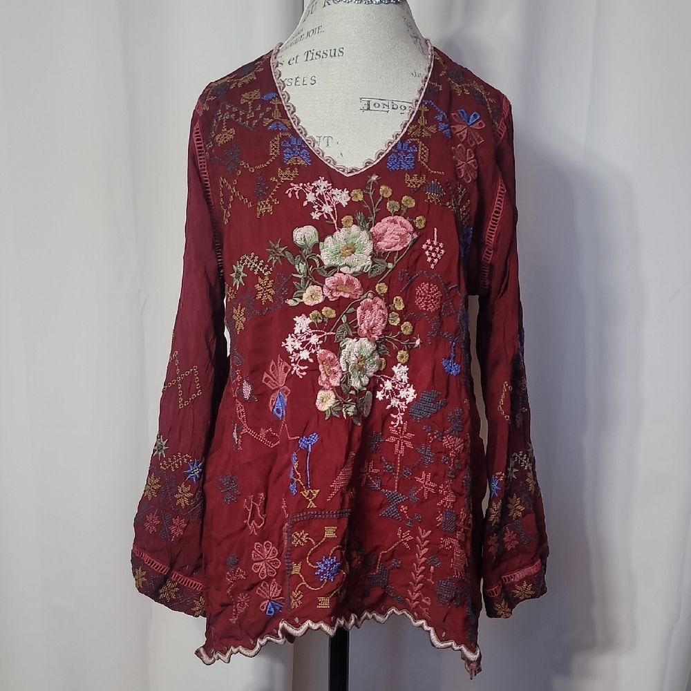 JOHNNY WAS Embroidered Floral Burgundy Red Top